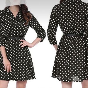 Allegra K Polka Dot Dress with Bow Belt